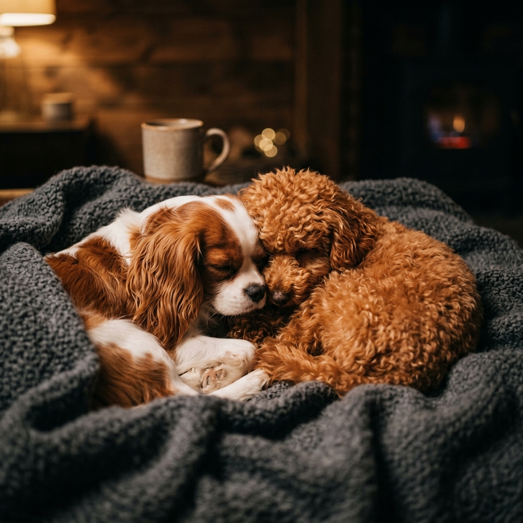 A Cavapoo LoveBug at home with family